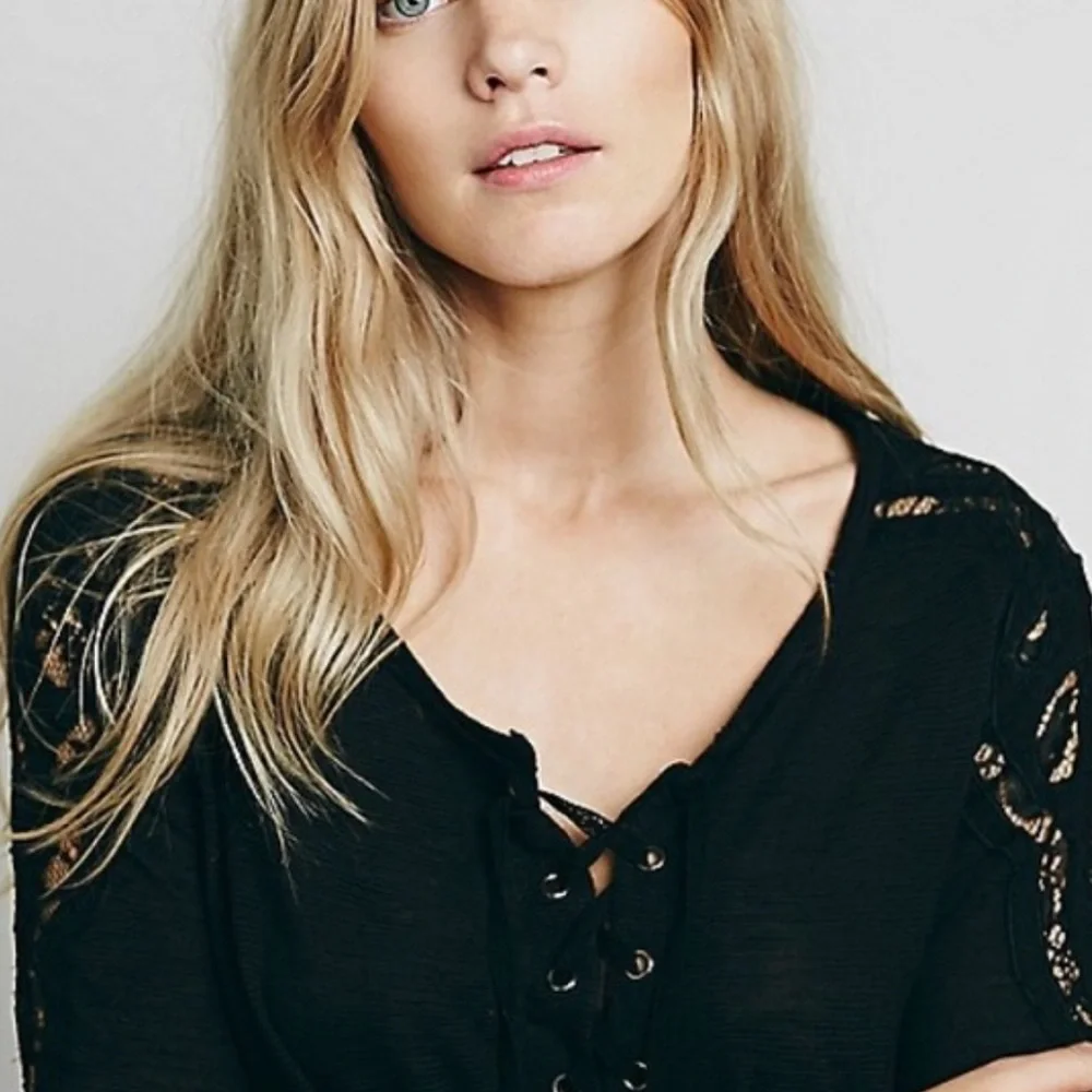 Free People‎ Jennie Lace Up Sheer Lace Shoulder Long Sleeve Top Black XS